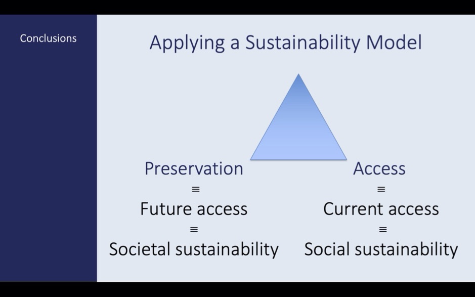 The balance between Sustainability, Preservation and Access and its link to the Pillars of Sustainability
